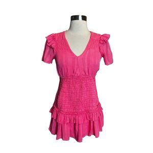 LoveShackFancy Rena Smocked Mini Dress Size P 00 Pink Ruffle V-Neck Chiffon